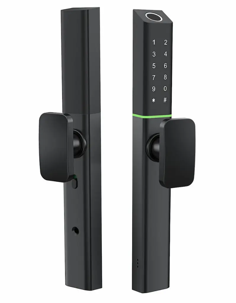 Serrure connectée noire présentée en deux faces : côté extérieur avec capteur d'empreinte digitale sur le dessus, clavier tactile numérique et poignée, côté intérieur avec poignée simple.