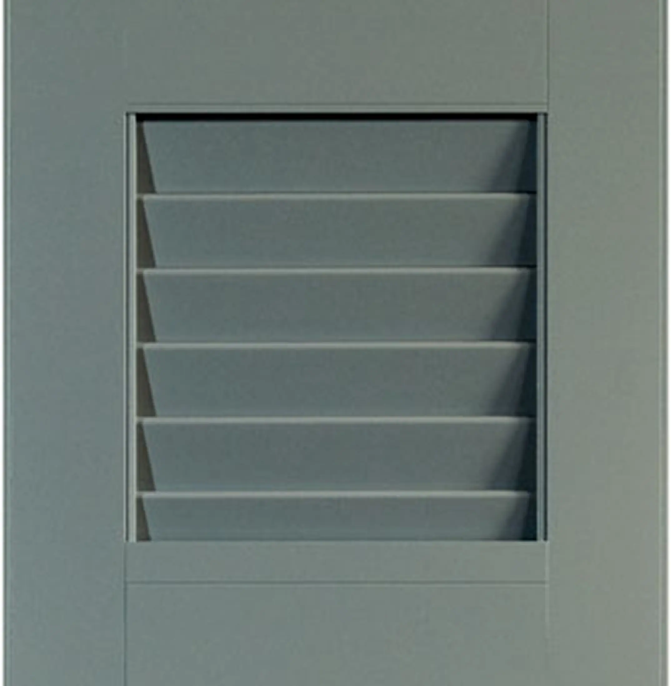 Gros plan sur une grille de ventilation à lames horizontales inclinées, intégrée dans un panneau gris, permettant l'aération d'une porte ou d'un mur.